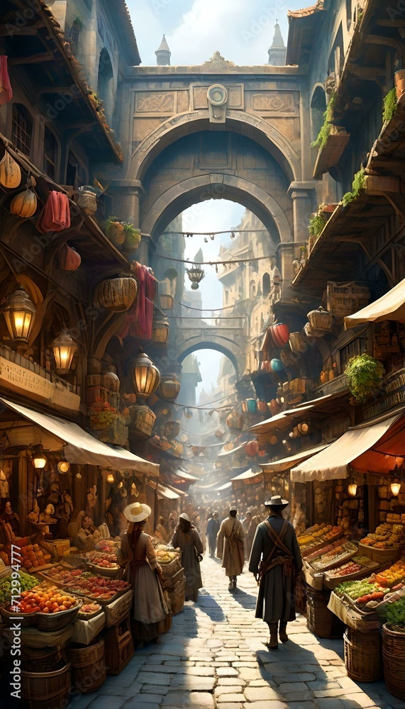 a bustling marketplace where various eras collide. Vendors from different time periods sell their wares, and shoppers traverse through portals, each leading to a distinct historical epoch.