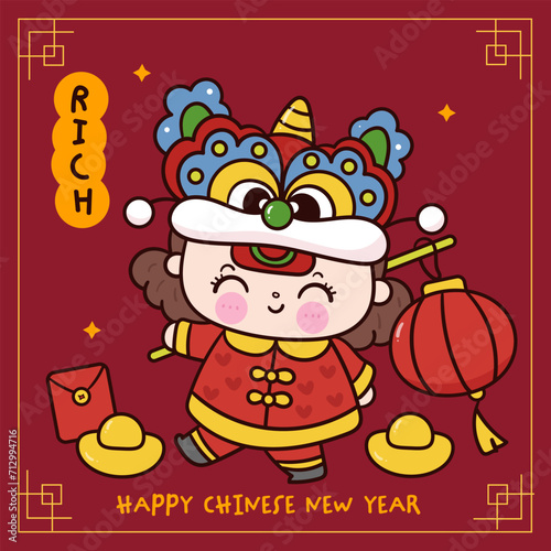 cute girl Chinese New Year Dragon greeting card. Series: Zodiac vector 2024 Wish you rich and wealth