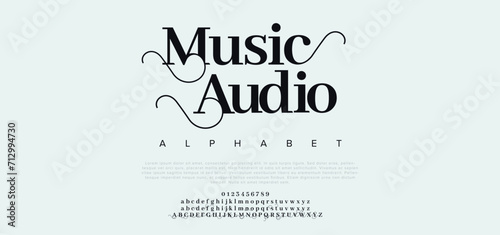 Music premium luxury elegant alphabet letters and numbers. Elegant wedding typography classic serif font decorative vintage retro. Creative vector illustration