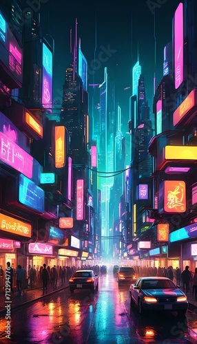 a city bathed in neon lights. Buildings, vehicles, and even people emit a vibrant neon glow, creating a surreal and futuristic nocturnal atmosphere.