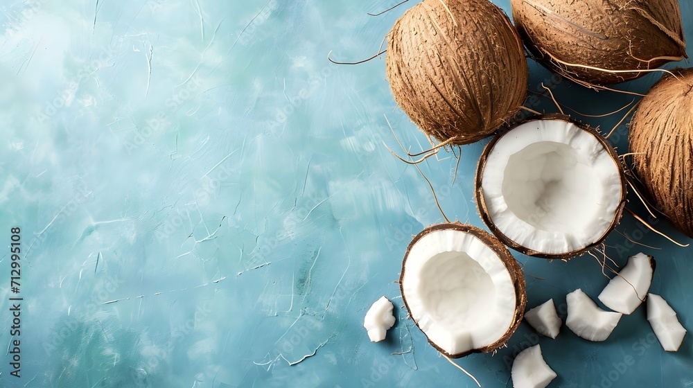 Fresh coconuts on a Studio background, creative flat lay healthy food concept, Free Copy Space 
