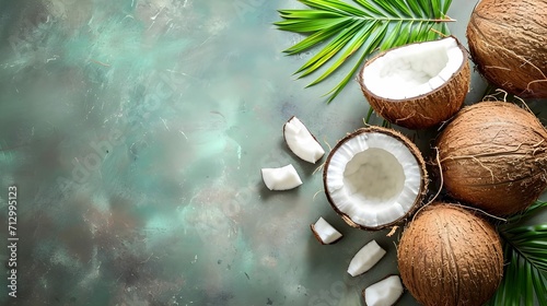 Fresh coconuts on a Studio background, creative flat lay healthy food concept, Free Copy Space 
