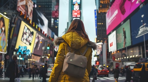 Female tourist at Times Square New York, USA 