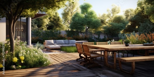 Outdoor area with garden, table, and open space