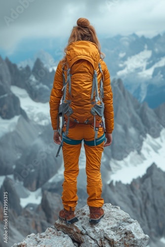 Lone Female Adventurer Takes in the Expansive View From a Rugged Mountain Peak Overlooking a Serene Valley Below