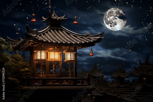 Nighttime rooftop lantern under the moon. Generative AI © Kato