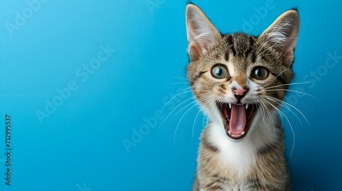 Excited cat on blue background. Copy space background