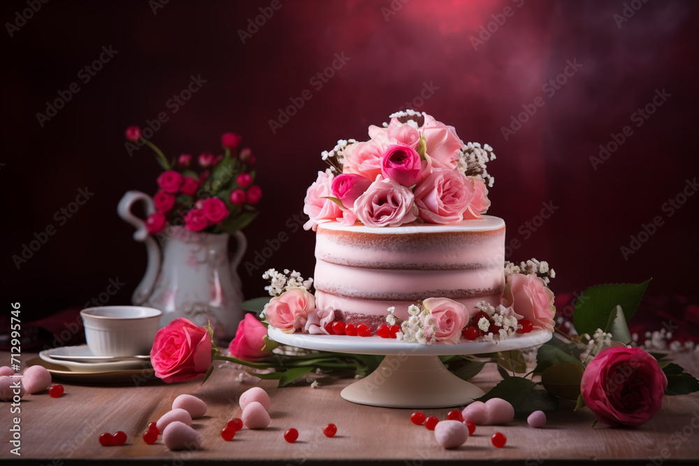 Cake and flowers for Valentine's Day.