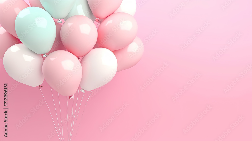 Pastel balloons dance on a pink canvas, a cheerful symphony of soft hues soaring with joy