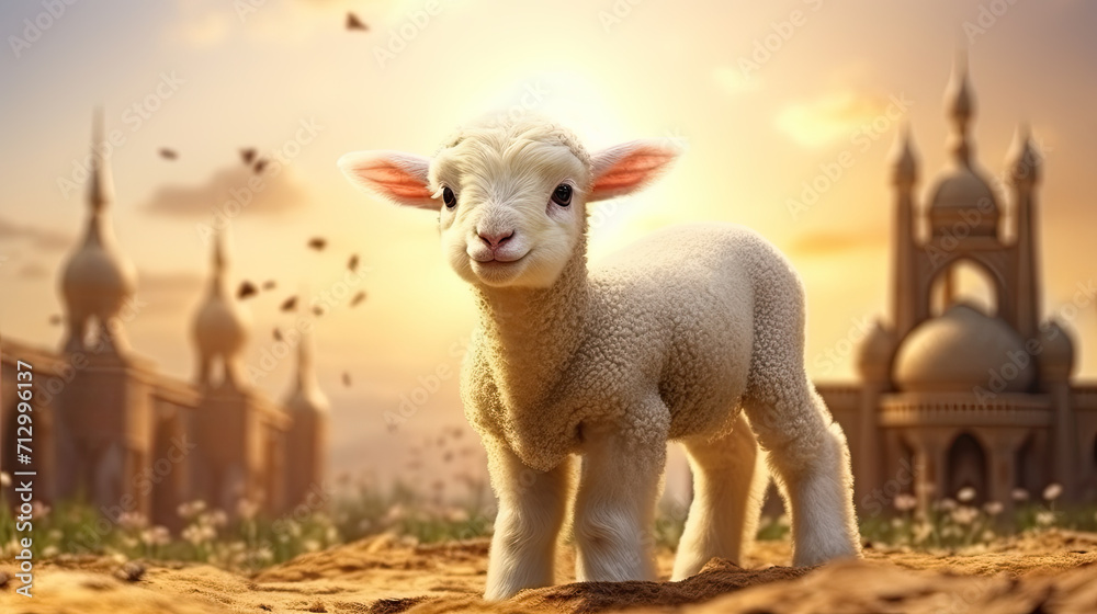 Adorable sheep grace Eid, symbolizing sacrifice, joy in Islamic tradition. Mosques resonate with prayers, celebrating the spirit of Eid al-Adha