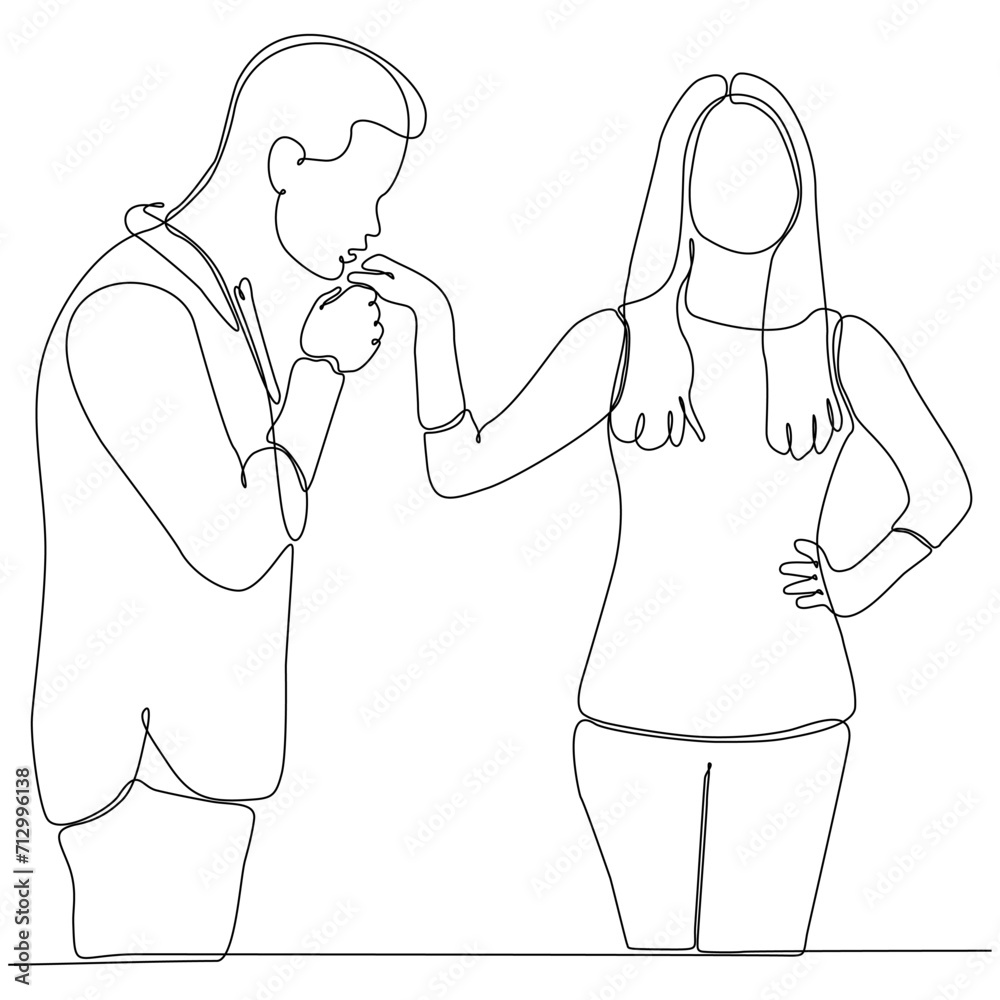 One line drawing of happy man and woman celebrating their successive goal with high five gesture. One line drawing of happy man and woman celebrating their successive goal with high five gesture.