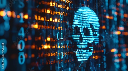 Computer virus malware attack represented by a skull in code on a screen. Cyper security concept.