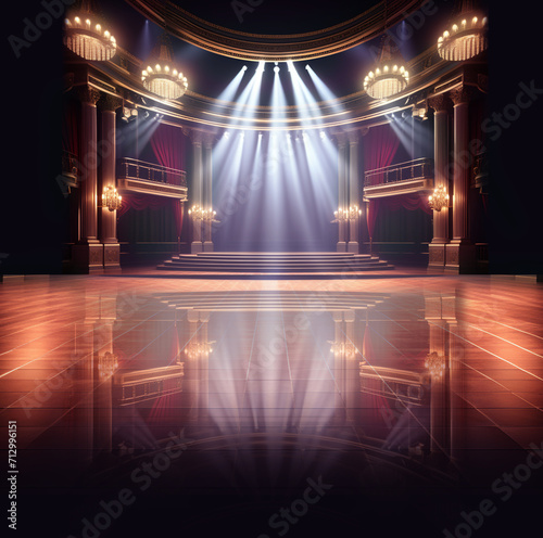 stage with spotlight,Old classic stage, elegance, empty stage, lighting, large theater, high quality, realistic,GenerativeAI