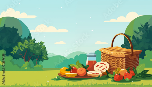 Picnic basket with food and drinks illustration