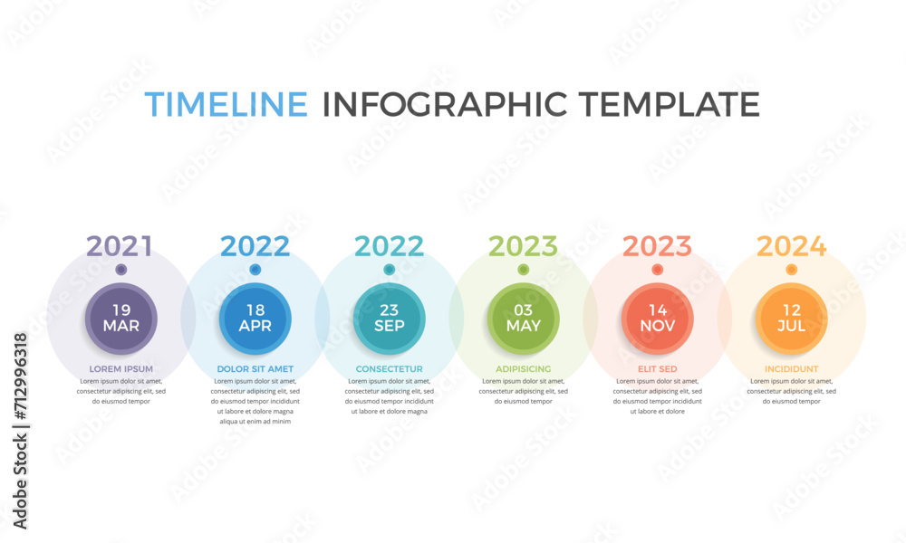 Horizontal timeline infographics template with six circles, vector eps10 illustration