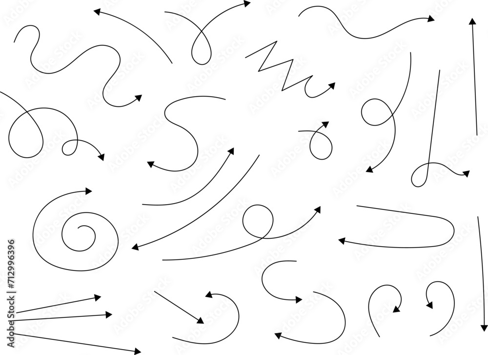 Hand drawn curved arrows set. Sketch doodle style collection. Route or pointers icon vector illustration Hand drawn curved arrows set. Sketch doodle style collection. Route or pointers icon vector illustration