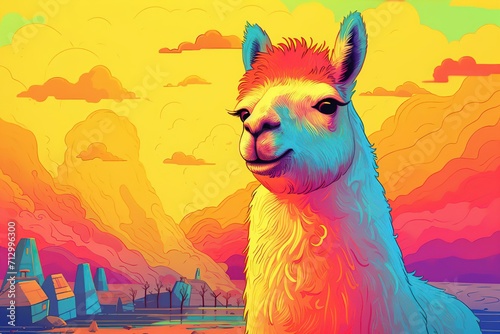 A cheerful llama in a rainbow style on a yellow background, a humorous postcard, a composition on a T-shirt, a print in a hand-drawn style. Funny poster. Portrait of a lama