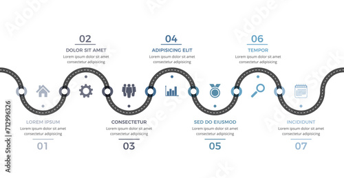 Infographic template with road with seven parts for your icons and text, vector eps10 illustration