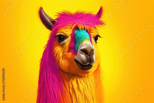 A cheerful llama in a rainbow style on a yellow background, a humorous postcard, a composition on a T-shirt, a print in a hand-drawn style. Funny poster. Portrait of a lama