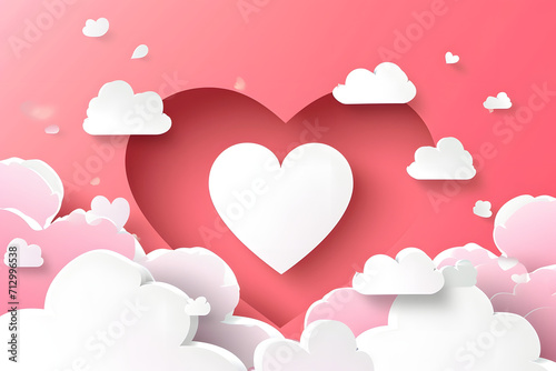 Happy Valentine's day. White heart and clouds on the sky in paper cut style on pink background.