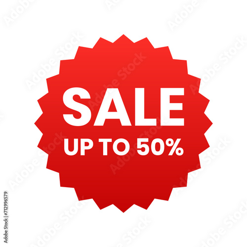 Sale up to 50 percent banner, red label isolated on white background. Tags, badge, ribbon for promotion. Vector illustration