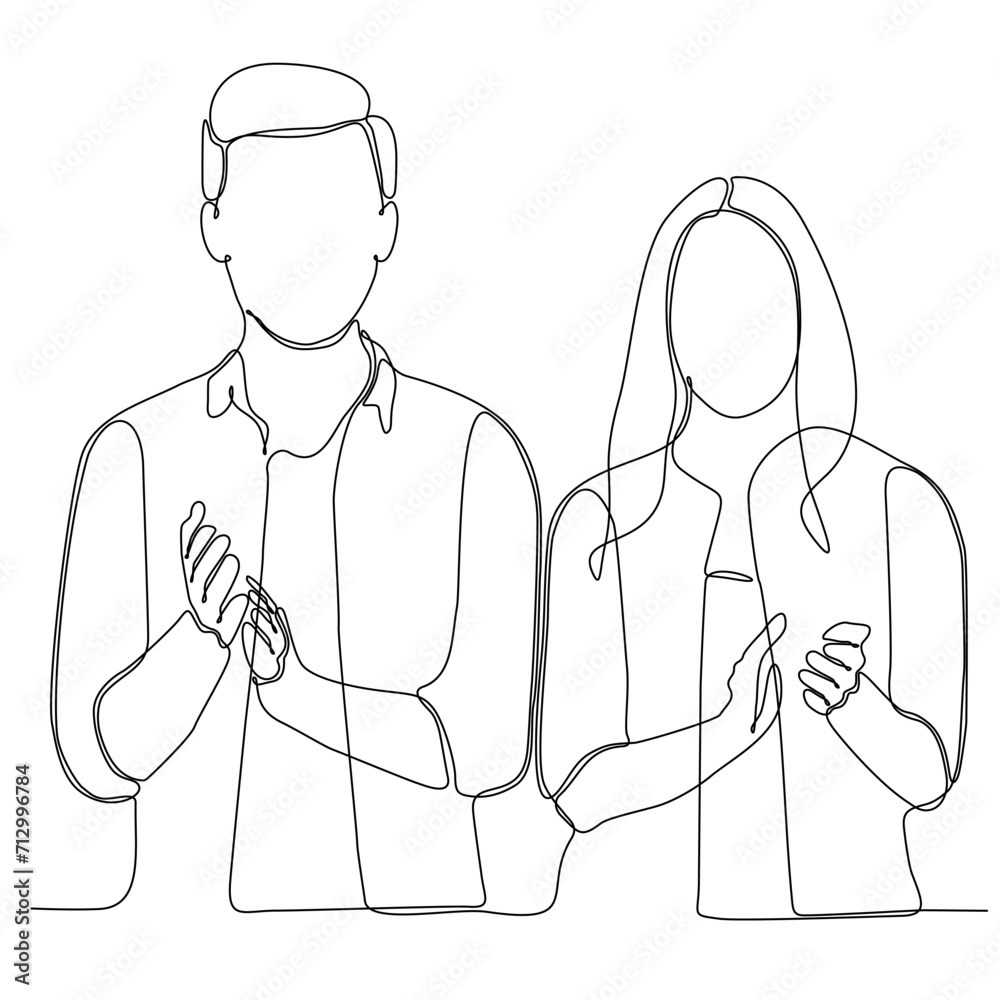 One line drawing of happy man and woman celebrating their successive goal with high five gesture. One line drawing of happy man and woman celebrating their successive goal with high five gesture.