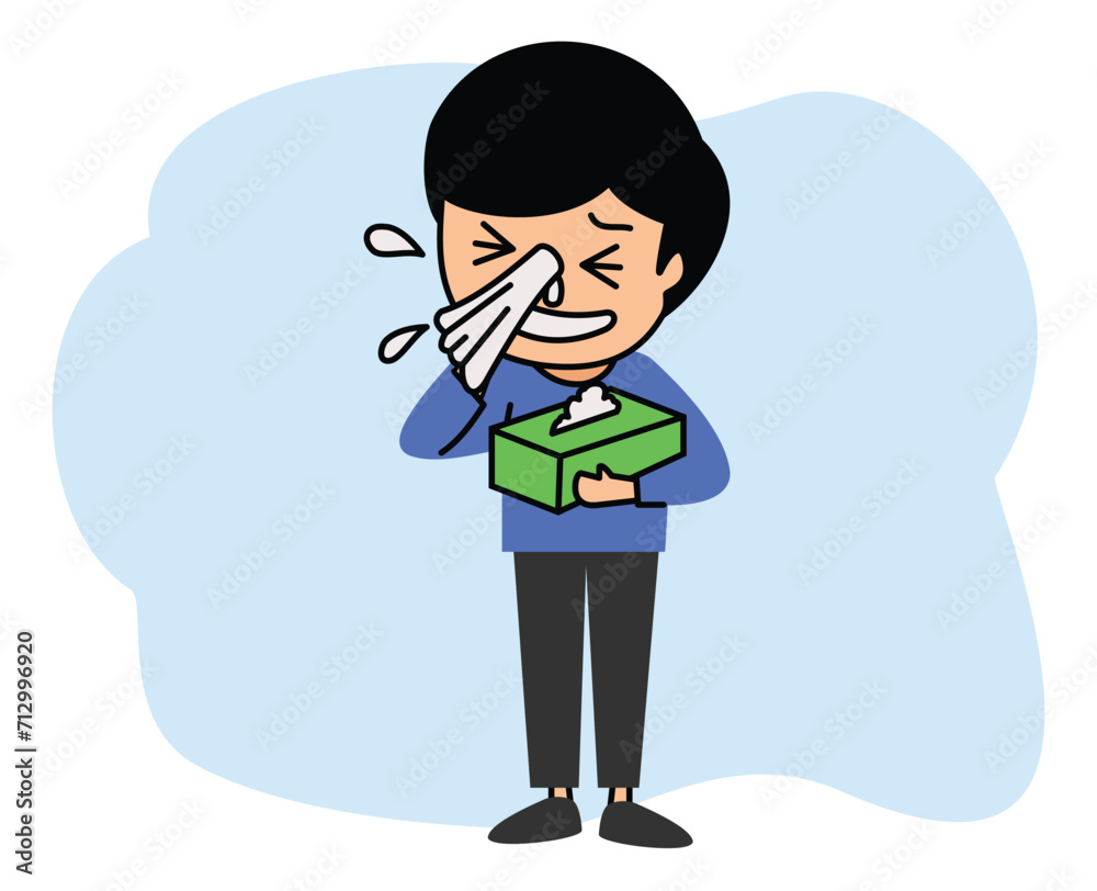 cute little boy sneezing with flu and cold allergic symptoms blowing nose into tissue paper