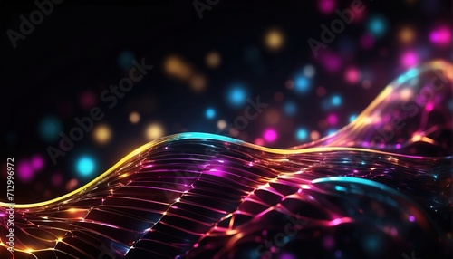 Colorful fractal lines and glowing lights on black background