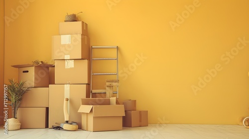 Cardboard boxes with things are stacked. The concept of moving to a new home. © PSCL RDL