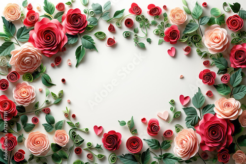 frame made of red and pink roses in paper craft style