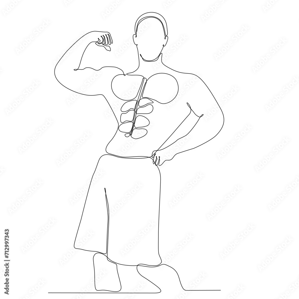 One single line drawing of young energetic male bodybuilder model show vector illustration. Healthy workout concept. Modern continuous line drawing design for bodybuilding fitness center club logo ic One single line drawing of young energetic male bodybuilder model show vector illustration. Healthy workout concept. Modern continuous line drawing design for bodybuilding fitness center club logo ic