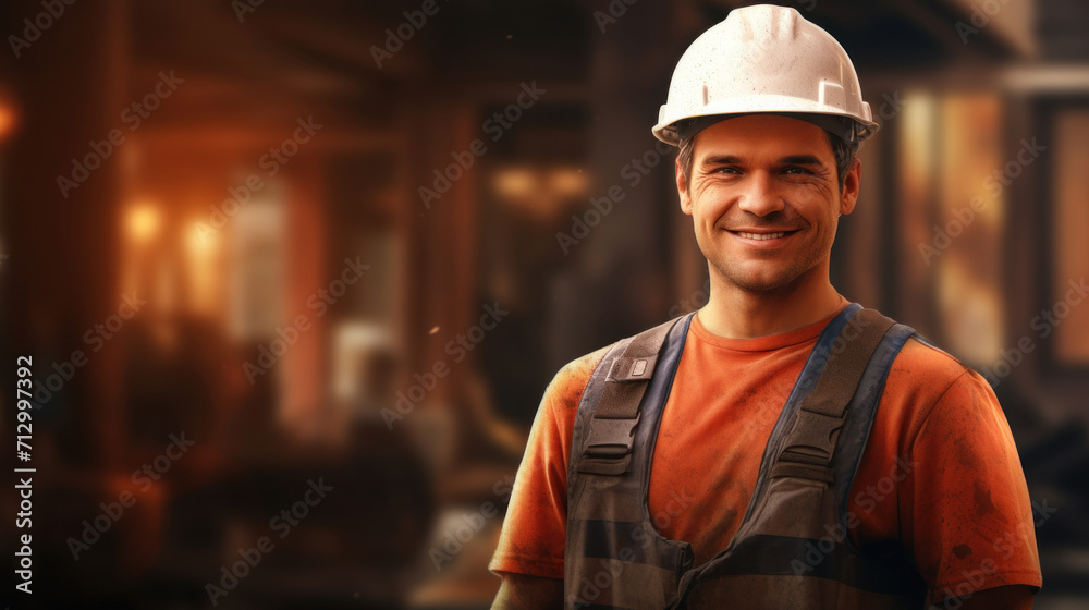 Friendly construction worker in safety gear smiling at a work site. Friendly construction worker in safety gear smiling at a work site.