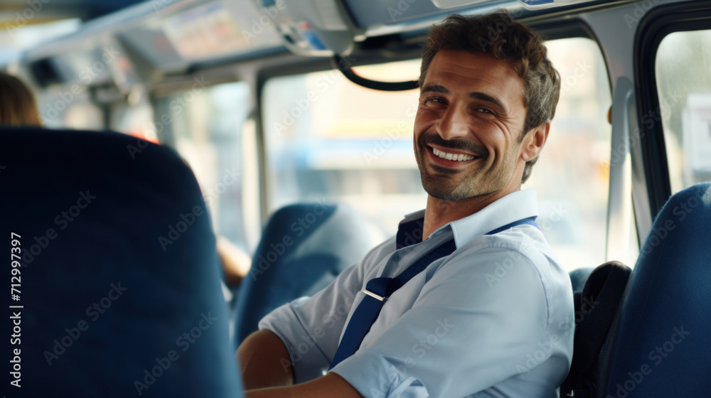 Friendly bus driver smiling while looking back in the bus during service. Friendly bus driver smiling while looking back in the bus during service.