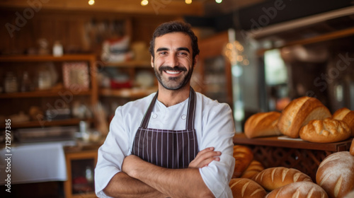 Smiling male baker with crossed arms standing proudly in his bakery surrounded by fresh bread and pastries.