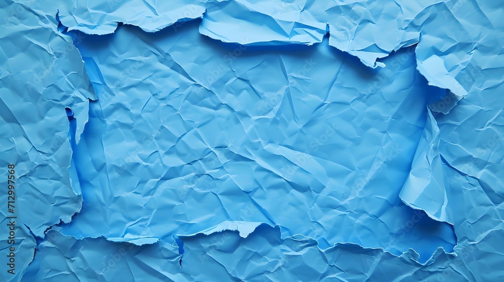 Blank blue crumpled torn paper piece on wrinkled blue paper background. Small horizontal ripped paper sheet with copy space. Top view
