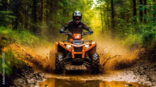 ATV in action splashing water motion blur at trail forest , photo