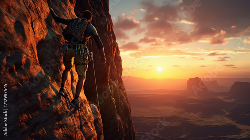 A solo climber with gear ascending a steep cliff against the backdrop of a breathtaking sunset.