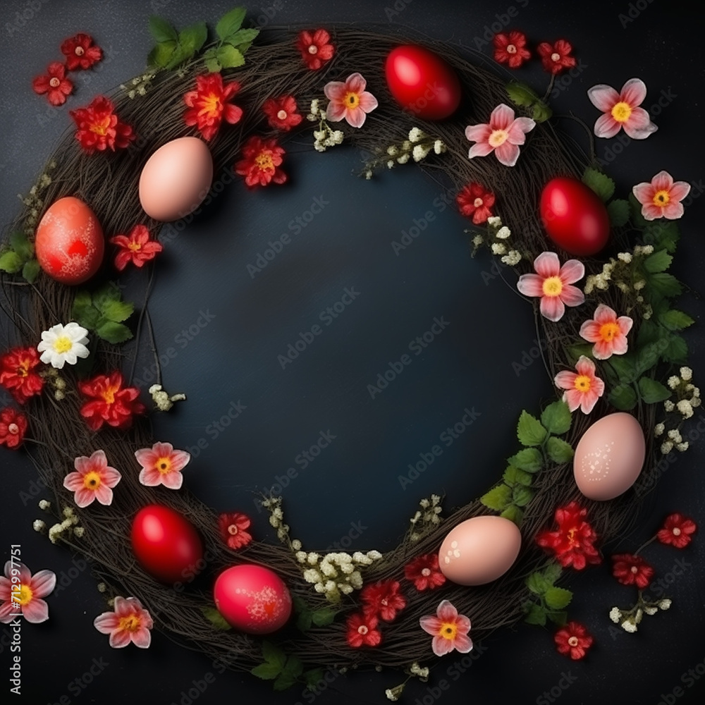 A vibrant wreath adorned with delicate red flowers and speckled eggs, evoking the renewal and beauty of springtime A vibrant wreath adorned with delicate red flowers and speckled eggs, evoking the renewal and beauty of springtime
