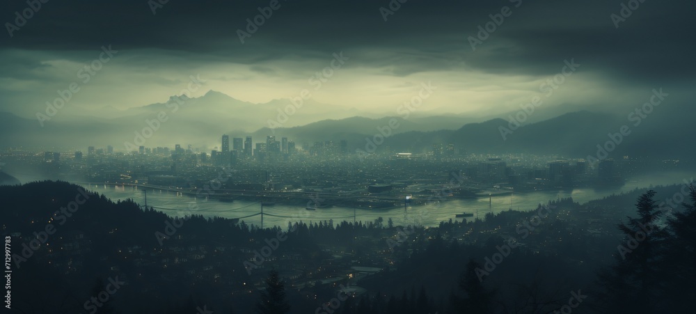 City Enveloped: Moody Portrait Surrounded by Mountains under a Black Sky on Rainy Days