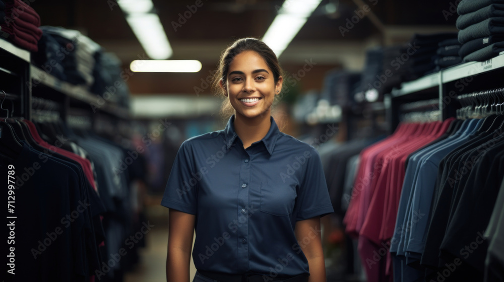 Cheerful retail worker standing confidently in a well-organized clothing store.