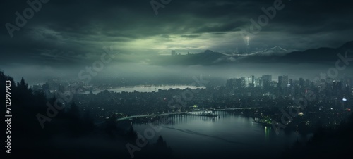 City Enveloped: Moody Portrait Surrounded by Mountains under a Black Sky on Rainy Days