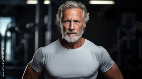 Portrait of a fit  mature man with striking gray hair and beard in a gym environment  exuding strength and experience.