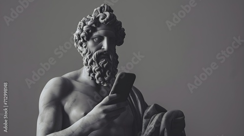 Ancient Greek god sculpture holding a smartphone. Statue of a hero scrolling social media. Doomscrolling, mental health, digital wellness, time loss concept. Bad habits, reading news. photo