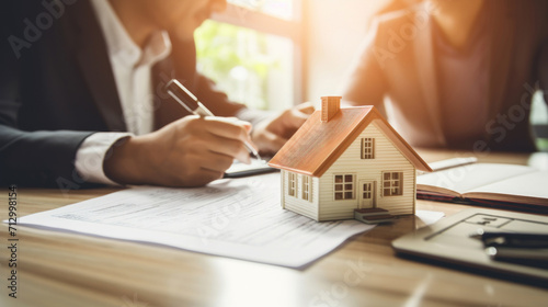 Two individuals signing a real estate contract with a small model house on the table, depicting a property deal.