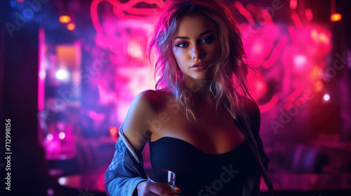 A young woman in a dark club illuminated by vibrant neon lights  holding a drink in a relaxed atmosphere.