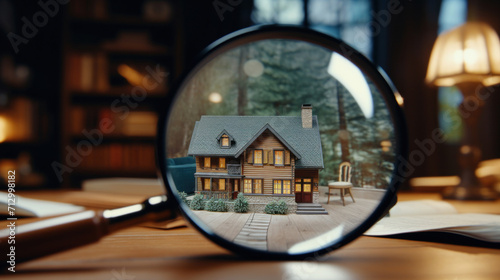 A detailed miniature house model viewed through a magnifying glass, highlighting architectural design and structure.