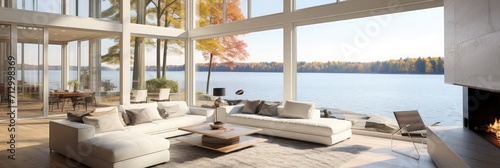 large open living room with lake view floor to ceiling windows view granite fireplace white furnishings hardwood floor and white area rug © Faheem