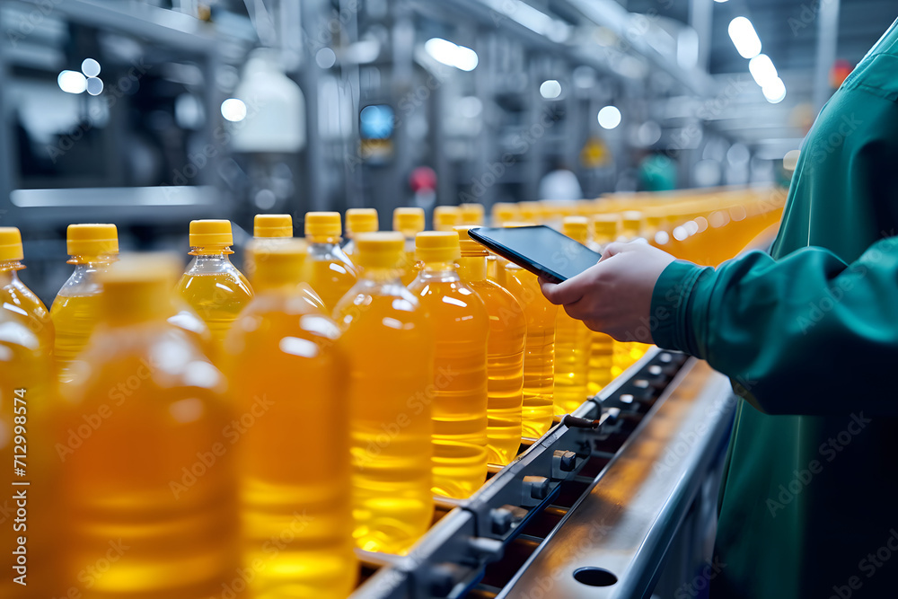 Worker working with digital tablet check product on the conveyor belt Worker working with digital tablet check product on the conveyor belt