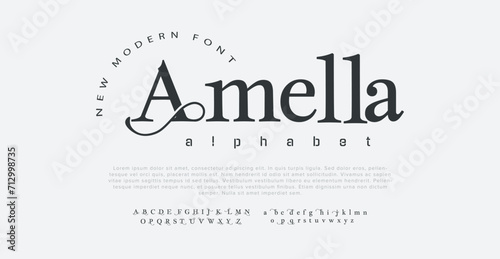 Amella premium luxury elegant alphabet letters and numbers. Elegant wedding typography classic serif font decorative vintage retro. Creative vector illustration