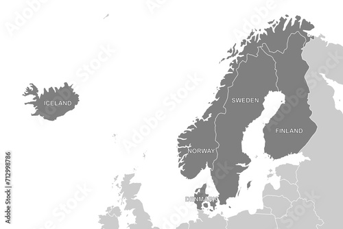 Scandinavia, political map. A subregion in Northern Europe, most commonly referring to Denmark, Norway, and Sweden photo